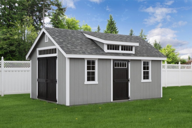 Elite Transom Dormer: 12' x 18', Light Gray T-111, Charcoal Gray Shingles, White Trim, Black Doors